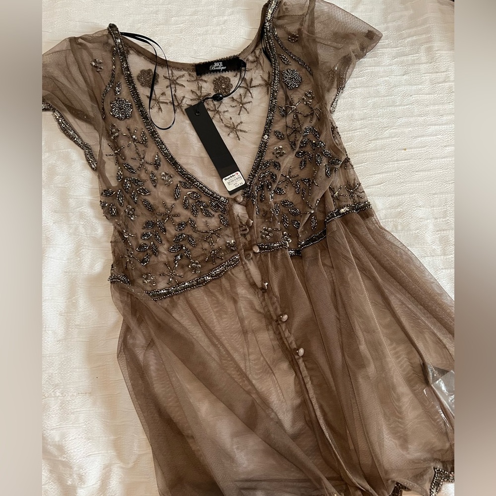 BKE boutique jeweled sheer blouse